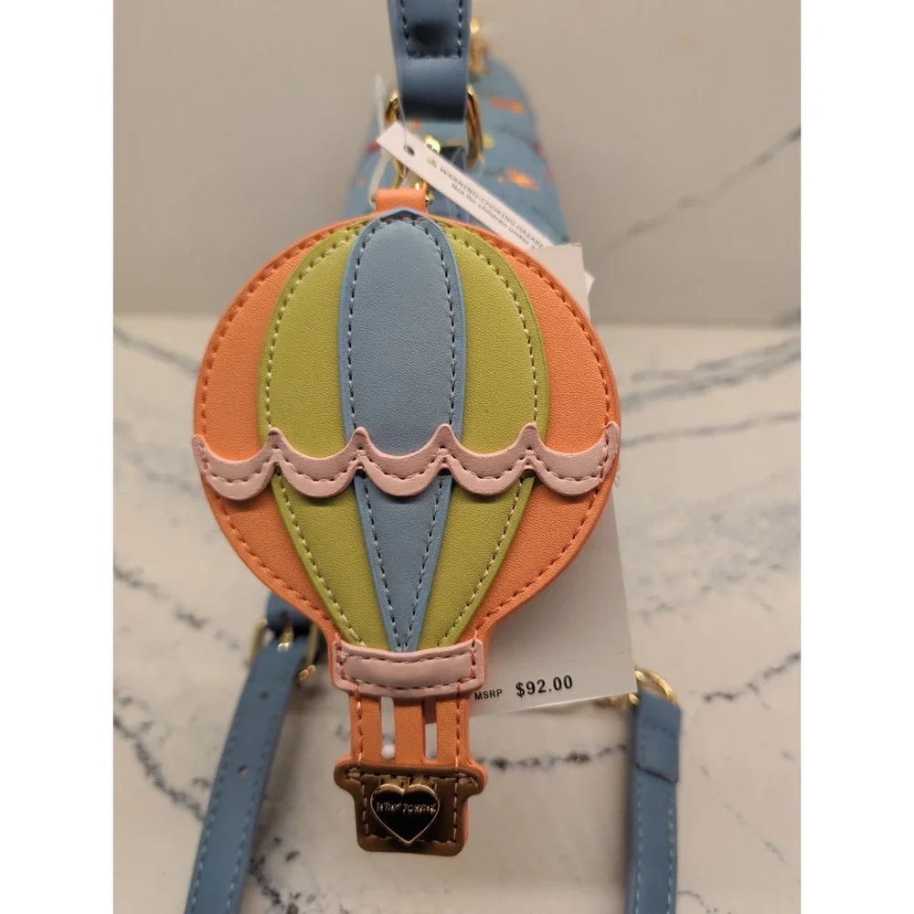 Betsey Johnson Denim Floral Embroidered Handbag Crossbody Balloon Bag Charm NWT